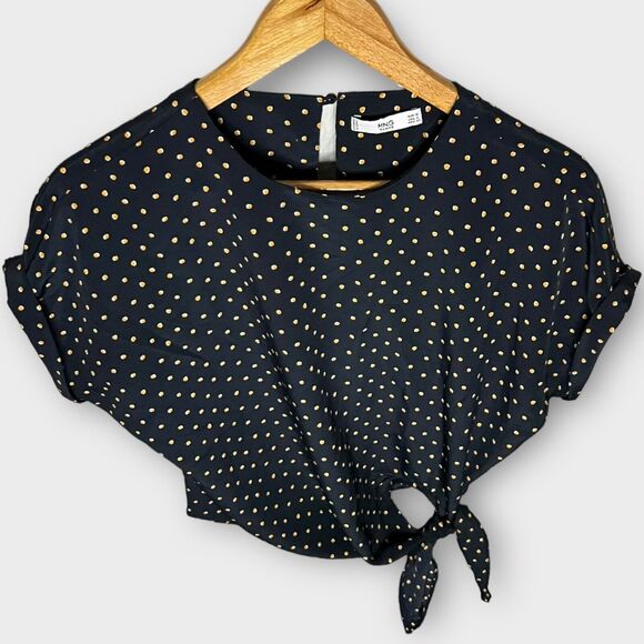 MNG Basics Women's Navy Polka Dot Cuffed Short Sleeve Tie Front Blouse Top Sz 4 - Picture 5 of 15